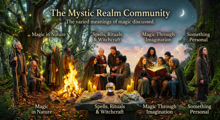 A diverse group of people in a mystical twilight forest, each experiencing different forms of magic. The scene visually illustrates magic in nature, traditional rituals around a stone altar, the magic of imagination through a glowing book, and quiet personal reflection under a crescent moon.