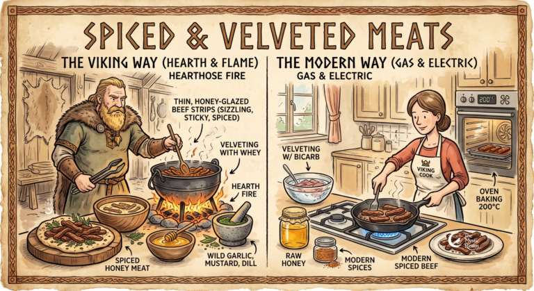 A vintage cartoon-style split illustration showing a Viking cooking spiced meat over an open hearth next to a modern cook preparing the same recipe using a gas hob and electric oven.