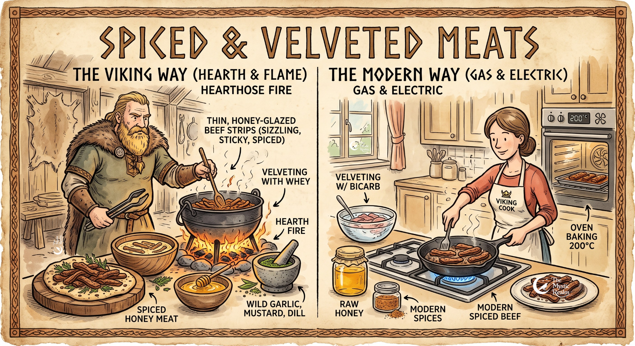A vintage cartoon-style split illustration showing a Viking cooking spiced meat over an open hearth next to a modern cook preparing the same recipe using a gas hob and electric oven.