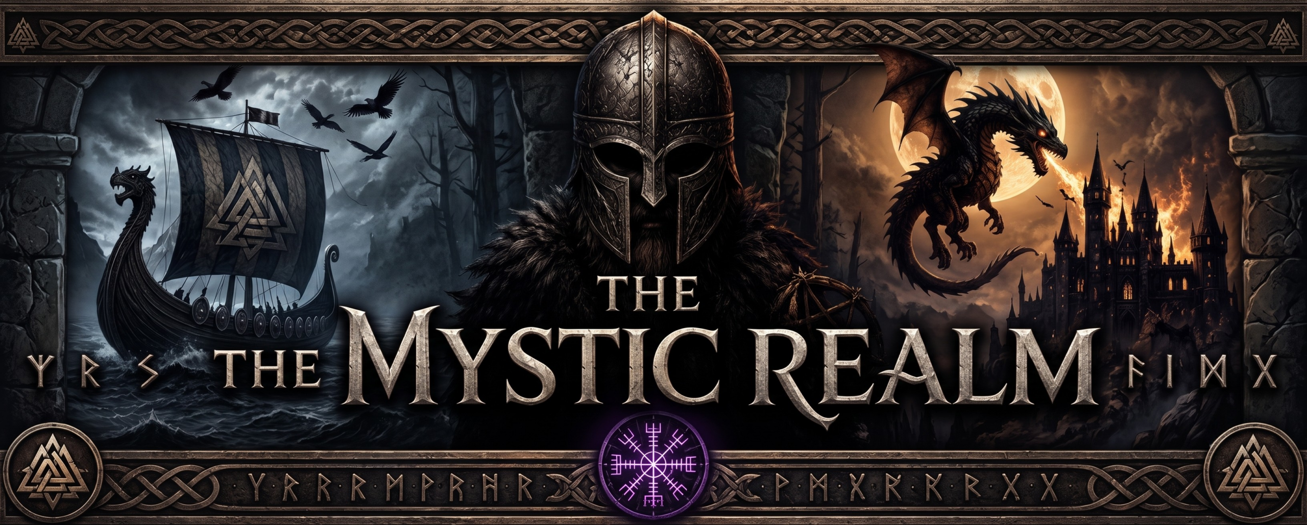 Detailed circular emblem artwork titled "THE MYSTIC REALM". The composition features a central armored warrior with a steel helmet, flanked by two distinct fantasy themes. On the left side, ravens fly above a stormy sea with a Viking longship bearing the Valknut on its sail. On the right, a black dragon breathes fire against a glowing moon above a gothic castle. The outer metallic border is decorated with Celtic knotwork, Elder Futhark runes, a raven side medallion, a Triquetra symbol, and a glowing purple Vegvísir (Norse compass) at the base.
